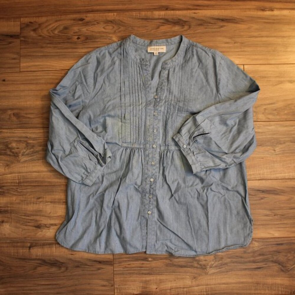 Jones New York Sport Blue Denim Pleated Front 3/4 Sleeve Blouse Women 2X